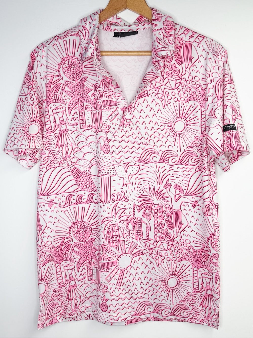 Yatta Golf Polo Men's Small Shaka Life Hawaiian Aloha Sun Pink Red Stretch Polo